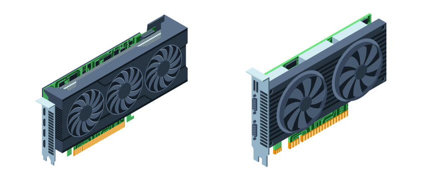 3D isometric video graphic card. Video graphics card for cryptocurrency mining or gaming. GPU graphic card illustration. Personal computer hardware components