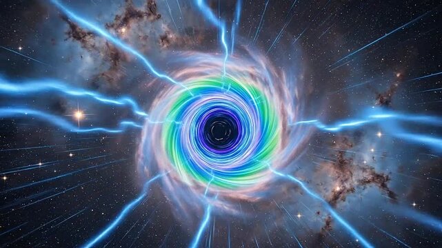 A colorful cosmic vortex with energy beams and a swirling in the deep space background