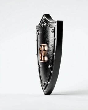 Metallic Shield of Protection: A sleek, metallic shield stands as a symbol of protection, showcasing strength and resilience. The shield's design, with rivets and a keyhole.