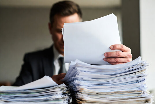 A man is holding a large stack of papers, likely overwhelmed with work. He&rsquo;s in an office setting.