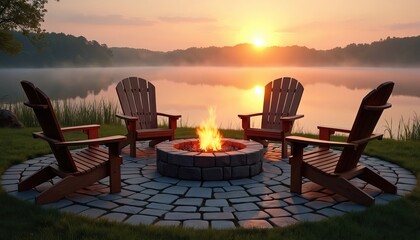 Naklejka premium Wooden Adirondack chairs surround a stone fire pit by a calm lake at sunrise. Warm fire glows with gentle mist rising off water. Peaceful morning scene with vibrant sky, perfect nature retreat.