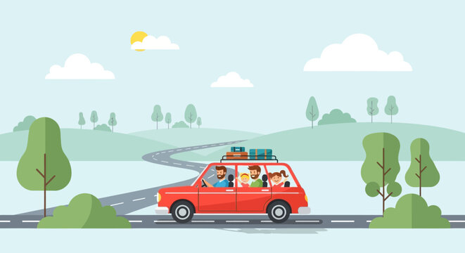 Happy family in red car on road trip, traveling to vacation destination with luggage on roof rack.