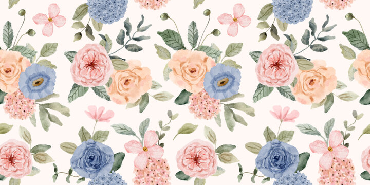 blue pink floral watercolor seamless pattern