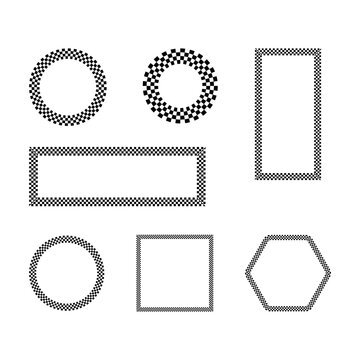 Collection of geometric frames and borders with a checkered black and white pattern