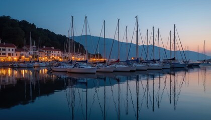 Sailboats rest in quiet harbor water. Town lights glow on shore at dusk. Calm sea reflects masts and boats. Peaceful European coast vacation scene.
