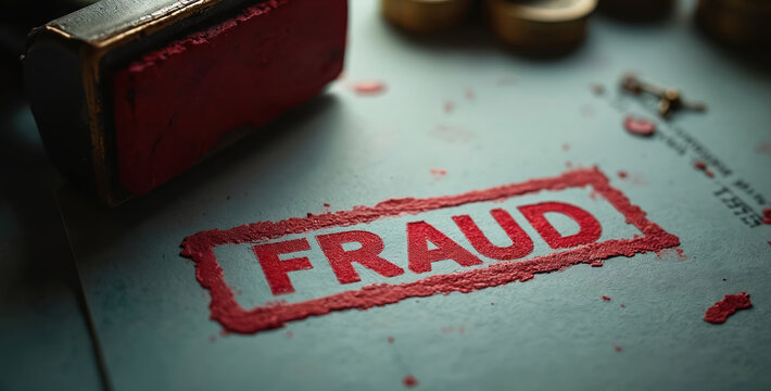 Red stamp marks paper with word FRAUD. Close up shows ink texture and legal document elements. Crime concept implies illegal activity and deceit.