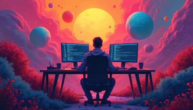 Man codes on dual screens at desk. Programmers desk sits in vibrant surreal landscape. Programmer contemplates digital data and abstract worlds.
