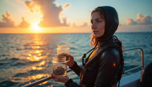 Woman in wetsuit holds coral samples in glass jars on research boat during sunset. Marine biologist studies ocean life for reef restoration project.