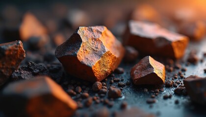 Naklejka premium Close up of rough iron ore rocks. Natural mineral deposit brown and orange texture. Raw material for steel production. Heavy industry element.