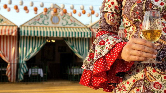 Traditional dress and sherry glass at Seville April Fair colorful tent