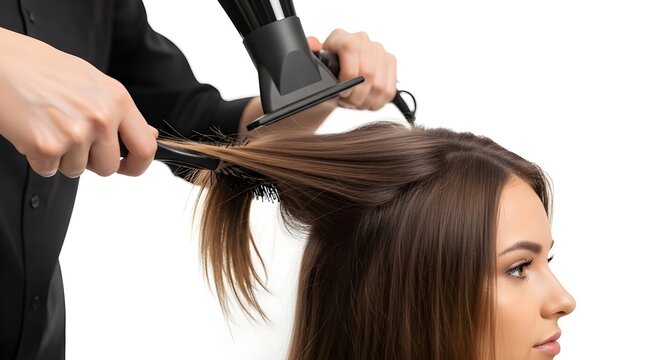 Stylist blow-dries woman's hair with round brush.