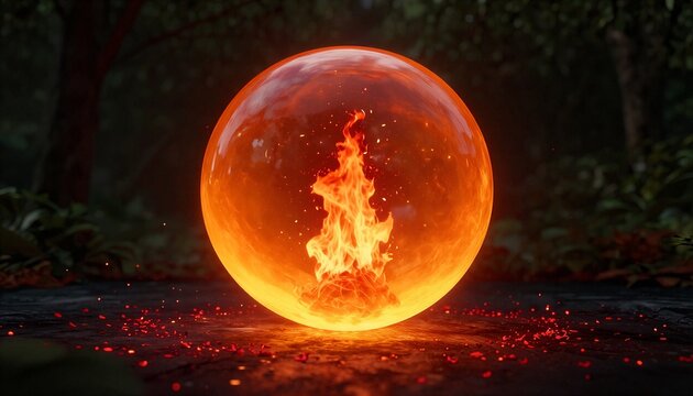 Mystical glowing flame inside a glass orb in a dark forest