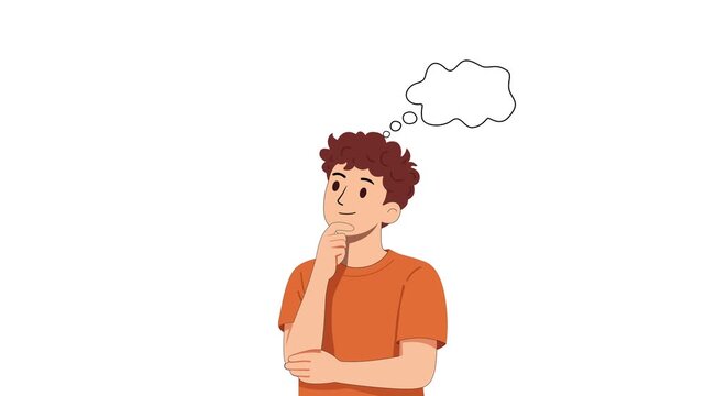 Thinking man with thought bubble showing idea and brainstorming concept isolated on transparent background. Perfect for explainer videos, UI design and motion graphics projects in 4K