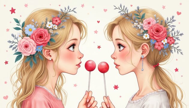 Two young girls with blonde hair wear flower crowns. They hold red lollipops and look at each other. Pastel colors and hearts suggest a sweet, innocent theme for spring or summer.