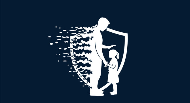 Father figure standing as a protective shield for his young daughter symbolizing safety and security through love within a minimalist conceptual art style white silhouette