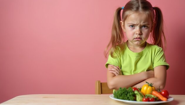 Upset child refuses plate of raw vegetables. Fussy girl with arms crossed dislikes healthy food, making grumpy face. Picky eater faces mealtime challenge with dislike.