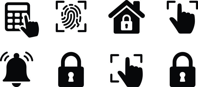 Security system vector icons set featuring fingerprint scanner smart home lock digital keypad alarm bell and touch interface symbols isolated
