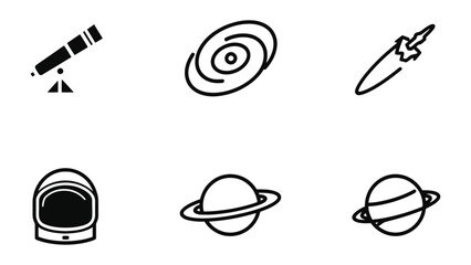 Celestial Icons: A minimalist arrangement of iconic illustrations, showcasing a telescope, galaxy, rocket, astronaut helmet, and two different planets, capturing the essence of space exploration. © Ajhar234