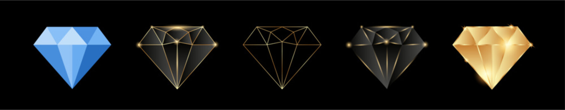 Luxury Diamond Vector Set &ndash; Premium Blue, Gold, and Minimalist Line Art Gemstones on Black Background