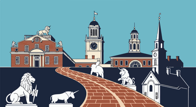 Brick path leads to historic buildings adorned with mythical creatures and statuary under blue sky