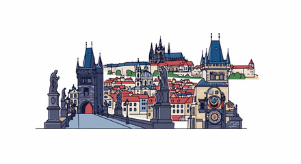 Fototapeta premium Artistic depiction of a historic European city skyline with towers, domes, and statues