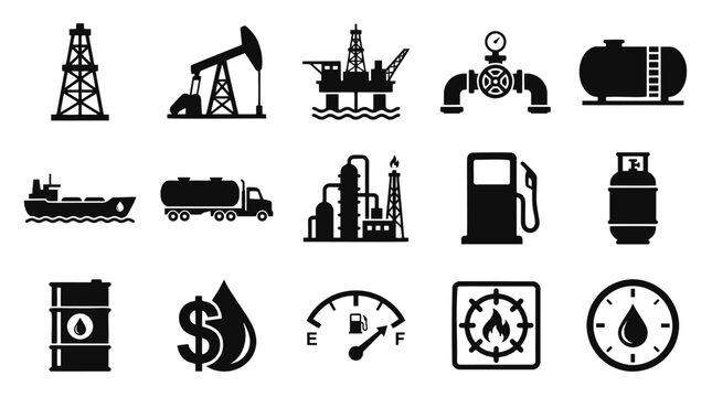 Oil and gas industry solid icon set. Black flat vector symbols for petroleum production, energy logistics, refinery infrastructure, and modern industrial UI design.