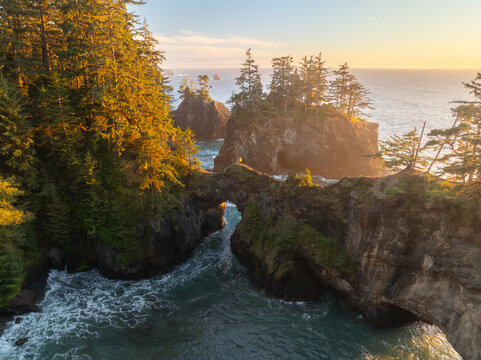 Aerial view of Natural Bridges rock formations with sea arches and evergreen trees during golden hour in Brookings, Oregon, United States.