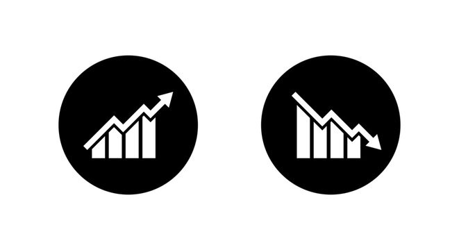 Increase decrease graph icon in black circle. Business analytics symbol. Data visualization showing positive and negative performance