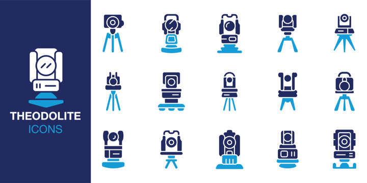 Theodolite icon set. Containing topography, tool, survey, mapping, instrument and more. Solid vector icons collection. Vector illustration.