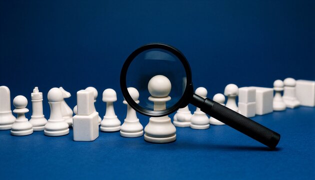 Magnifying glass highlighting one unique white chess piece on blue background