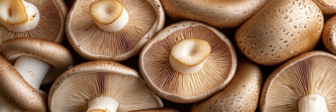 High Resolution Flatlay Seamless of Raw Mushroom Cross Sections and Caps with Detailed Fiber Texture