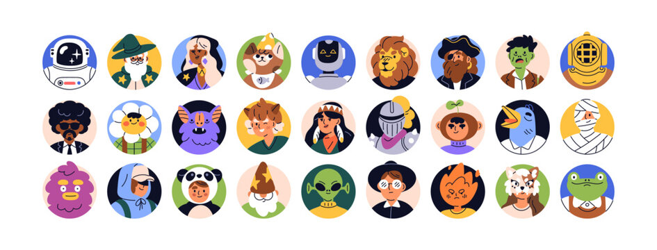 Funny, creative avatars set. Portraits of robot, alien, whimsical animals, people in fantasy masks, costumes. Quirky user profiles in circles. Flat vector illustration isolated on white background