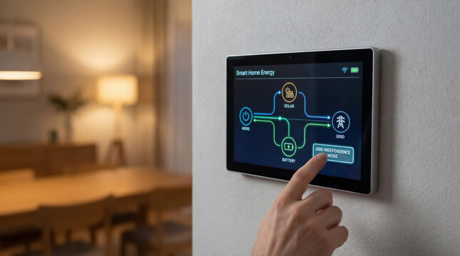 Smart home energy display controlling solar battery and grid in house