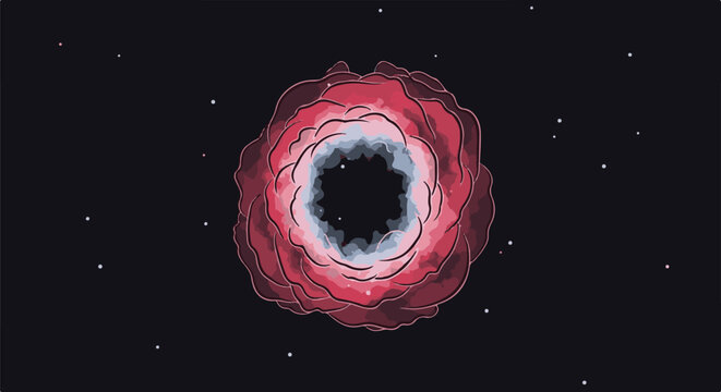 Abstract vortex of red and blue hues swirls against a dark, starry void