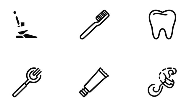 Dental Care Icons: A collection of simple, stylized icons representing various aspects of dental care, from brushing and flossing to tooth health.