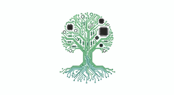 Abstract electronic tree with circuit board branches and root system on white background