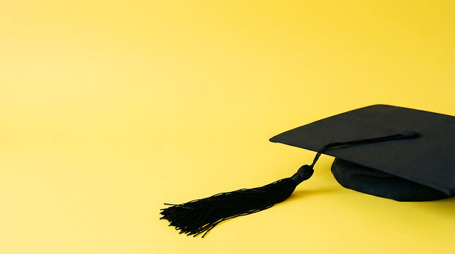 Black graduation cap with tassel on bright yellow background