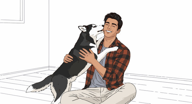 A young man hugs his black and white dog indoors
