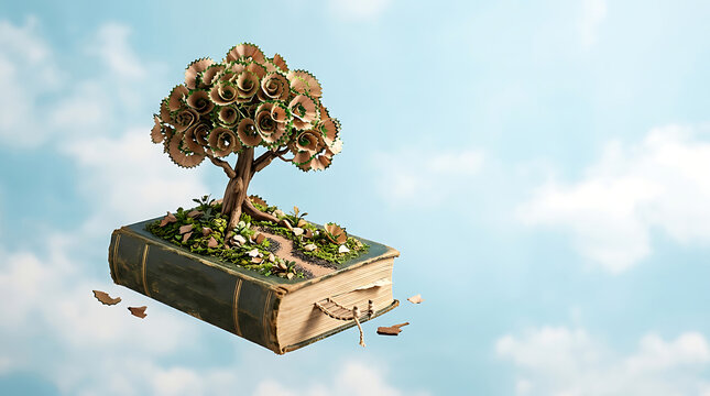 Conceptual tree made of pencil shavings growing on a floating book