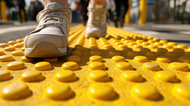 Pedestrian feet wearing white sneakers stepping over bright yellow tactile paving dots, representing urban accessibility, inclusive infrastructure and safe sidewalk navigation outdoors.
