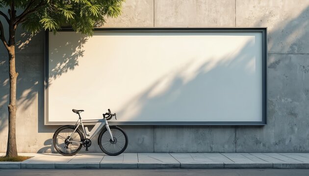 Modern bicycle stands on sidewalk beside blank billboard on concrete wall. Sunlight casts tree shadows on empty ad space. Urban environment scene promotes eco transport.