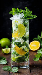 Fototapeta premium Tall citrus mint mojito mocktail with lime, orange slices, crushed ice and abundant fresh mint. Summer refreshing drink concept, wooden table, dark dramatic bokeh background.
