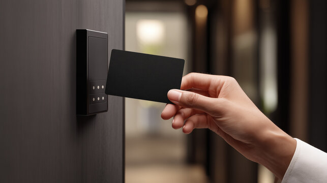 Hand holding black access card near modern electronic reader mounted on dark door, representing smart security system, contactless entry technology and corporate building access control concept.