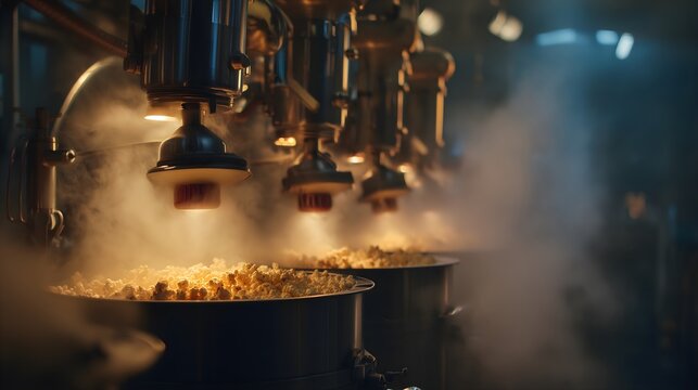 Industrial popcorn machine popping corn in commercial kitchen &ndash; food production and snack manufacturing