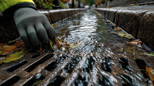 Gloved worker clearing wet autumn leaves from an overflowing urban drain channel during heavy rain. Storm drainage maintenance concept, restoring water flow and preventing seasonal flooding.