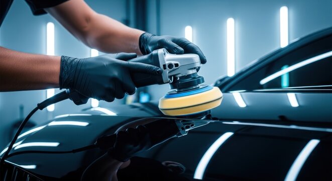 Person polishing car with buffer machine.