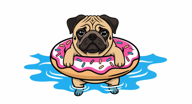 Adorable pug puppy wearing tiny blue swim boots floats in blue water on a pink donut