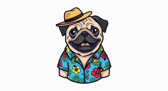 Adorable pug wearing a Hawaiian shirt and a straw hat