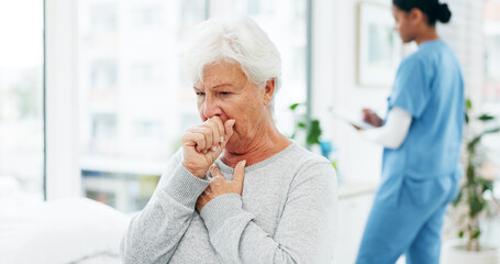 Obraz premium Medical, cough or old woman in hospital with chest pain, sickness or breathing issue in checkup. Healthcare, influenza or senior patient with tuberculosis, asthma or illness in clinic consultation.