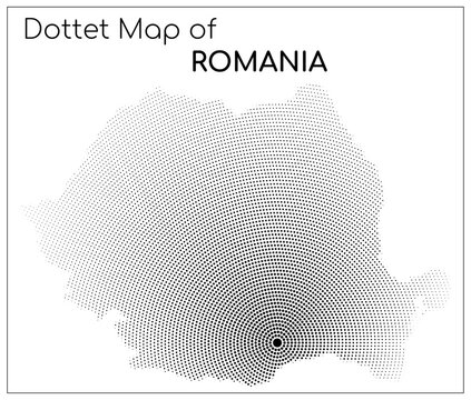 Dotted map of Romania centered on Bucharest